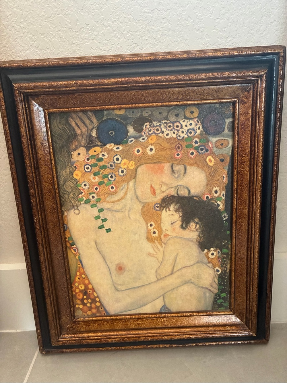 Gustav Klimt Framed Canvas Print - Mother and Child (Gold Frame, Multicolor)